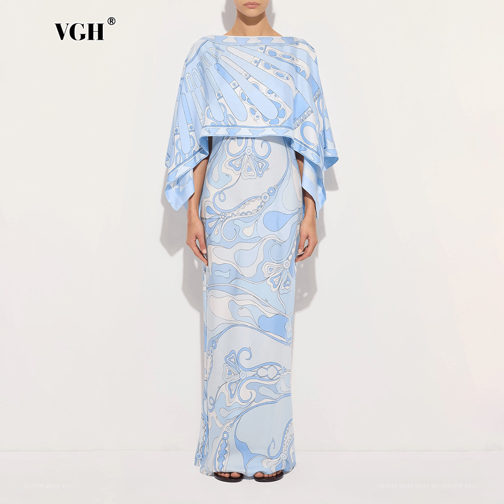 Formal Attire Woman - ชุดเซ็ตสองชิ้นลายพิมพ์นามธรรมสีฟ้าอ่อน VGH สำหรับผู้หญิง ชุดเดรสเข้ารูปพร้อมเสื้อคลุมคอวีทรงหลวมสำหรับงานแต่งงาน งานกาล่า