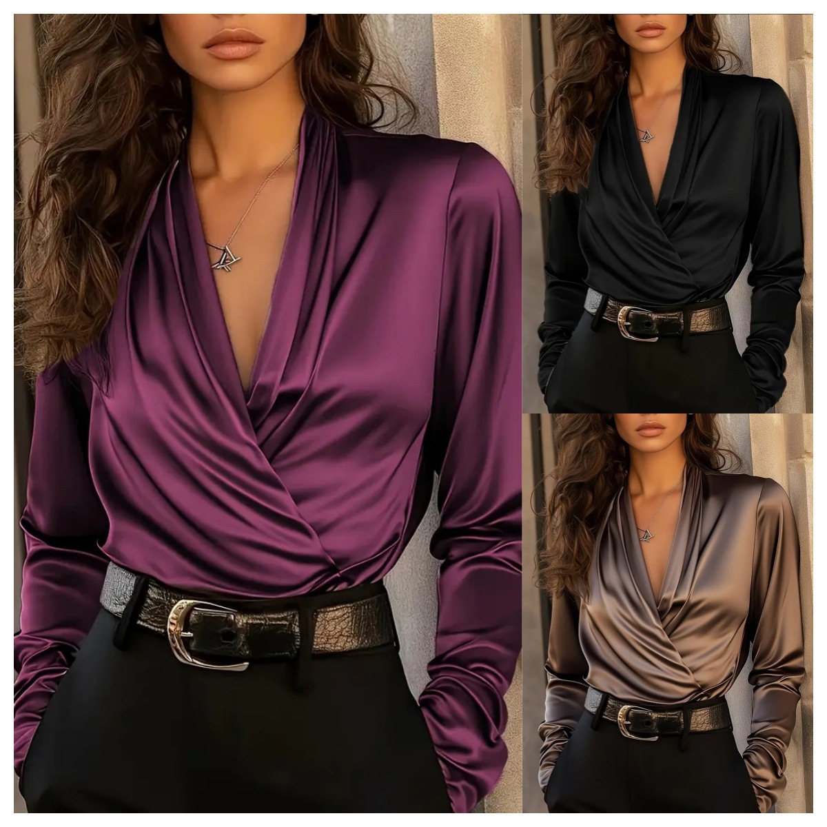 Women Formal Office Wear Tops - เสื้อผู้หญิงผ้าซาติน คอวี แขนยาว สไตล์หรูหรา ผ้าเนียน สำหรับใส่ทำงานในออฟฟิศ