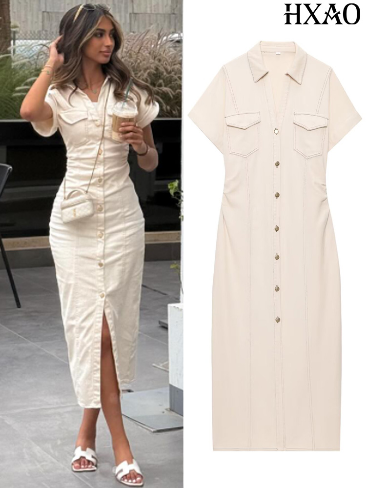 Women Formal Office Wear Tops - HXAO DENIM ชุดสตรีปุ่มแขนสั้นสีขาวชุด Midi ฤดูร้อนใหม่ DENIM