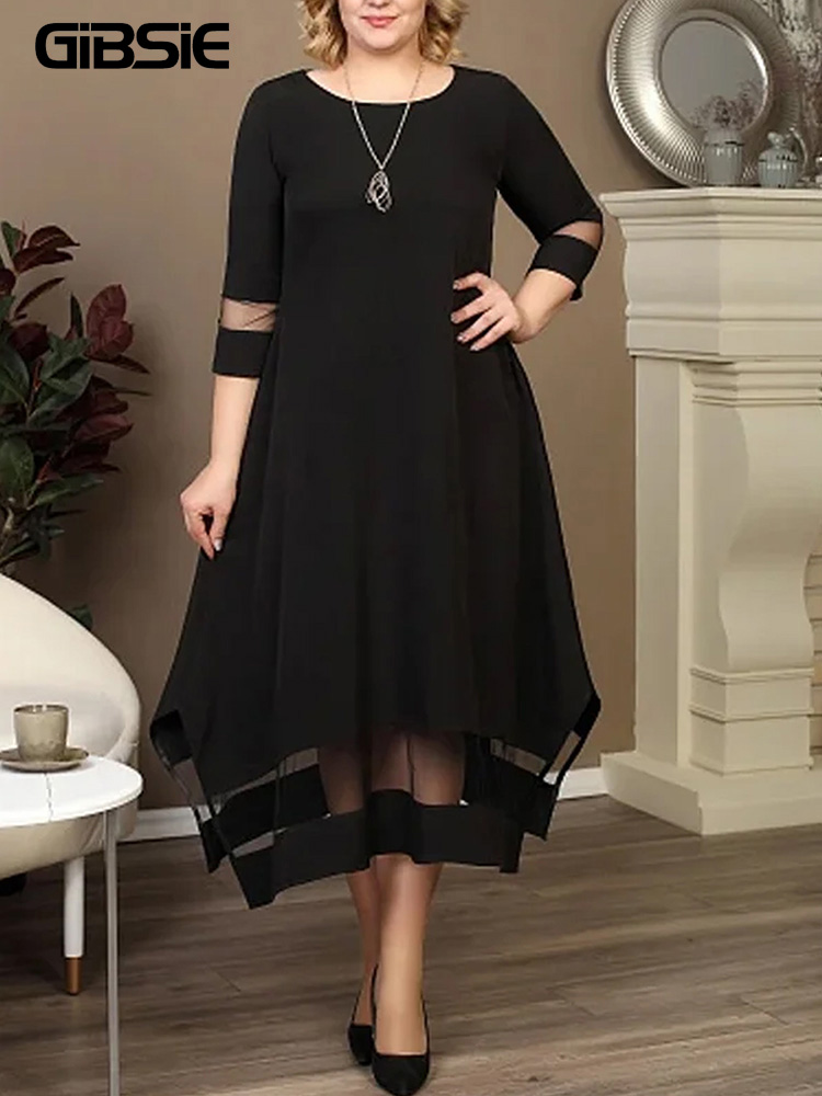 Women Formal Office Wear Tops - Gibsie เดรสยาวสีดำสำหรับผู้หญิง, เดรสตาข่ายยืดหยุ่นทรงเอแขน3/4คอกลมฤดูร้อน