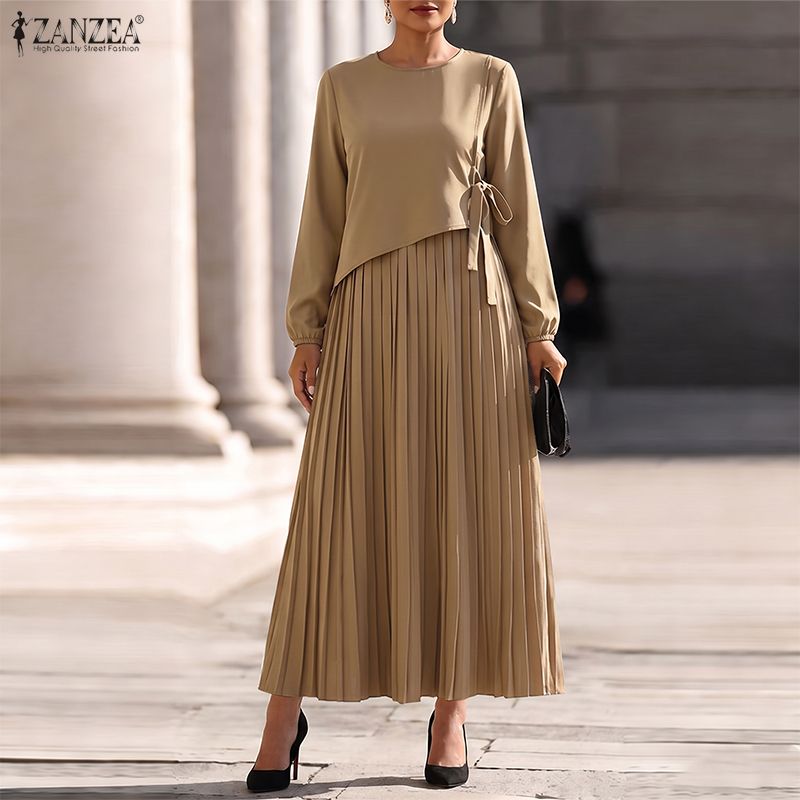 Women Formal Office Wear Tops - ZANZEA ชุดเดรสยาวทรงเอ สำหรับผู้หญิงไซส์ใหญ่ คอทรงโอ แขนยาว จับจีบ