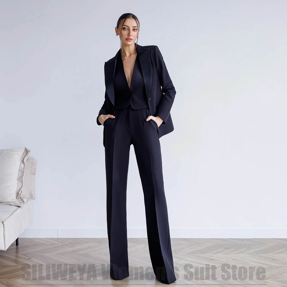 Women Formal Wear For Meeting - ชุดสูทผู้หญิง 3 ชิ้น เสื้อเบลเซอร์ เสื้อกั๊ก และกางเกงขายาวทรงกว้าง