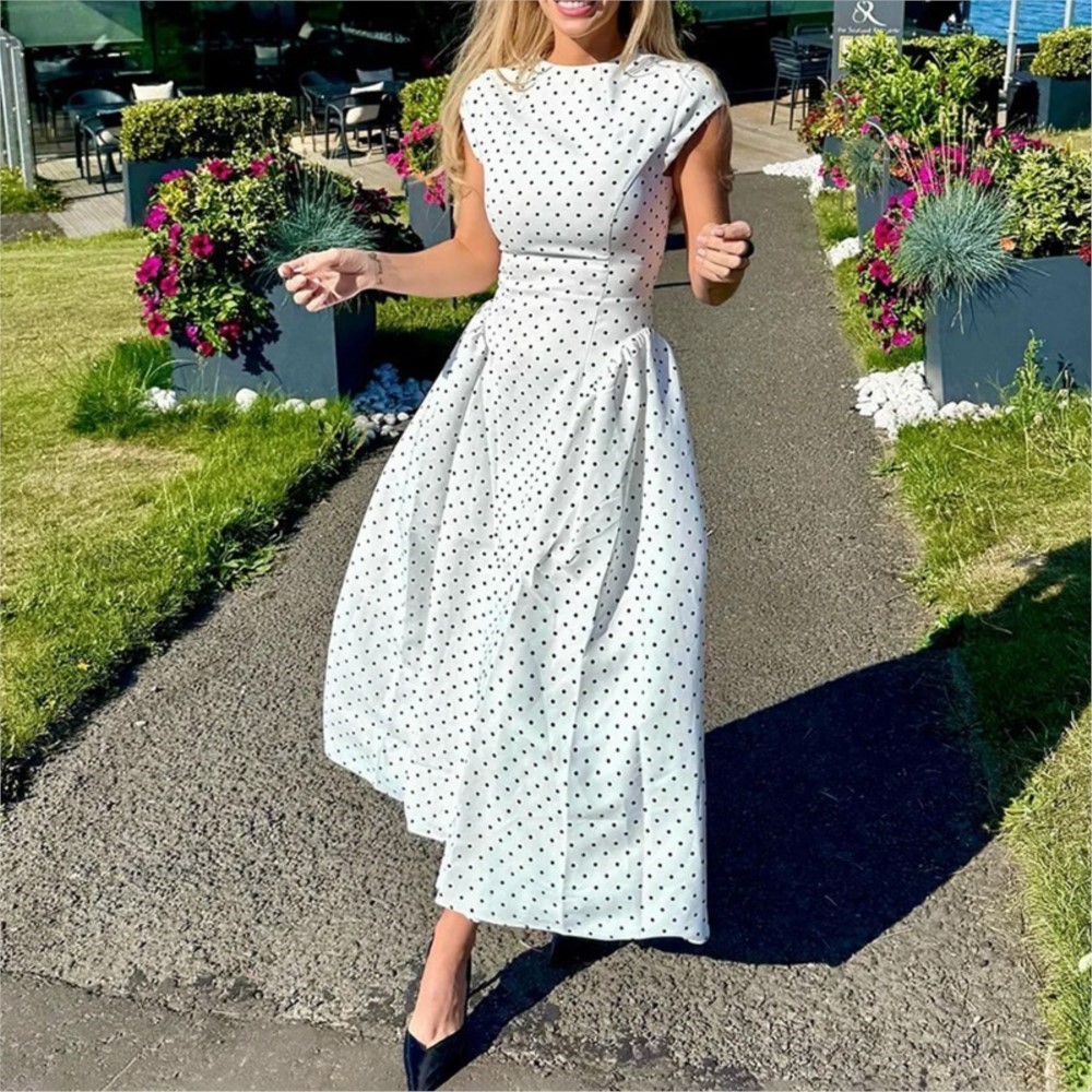 Women Formal Office Wear Tops - เดรสลายจุดพิมพ์ลายฤดูร้อน แขนสั้น เอวสูง สำหรับผู้หญิง รุ่นใหม่ปี 2026