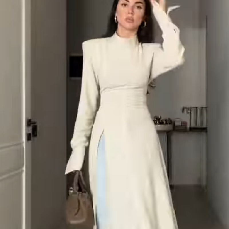 Women Formal Office Wear Tops - เดรสยาวคอสูงแขนยาวสำหรับผู้หญิง ดีไซน์หรูหรา ช่วยกระชับสัดส่วน พร้อมชายกระโปรงผ่า เหมาะสำหรับออกเดท งานเลี้ยงกลางคืน