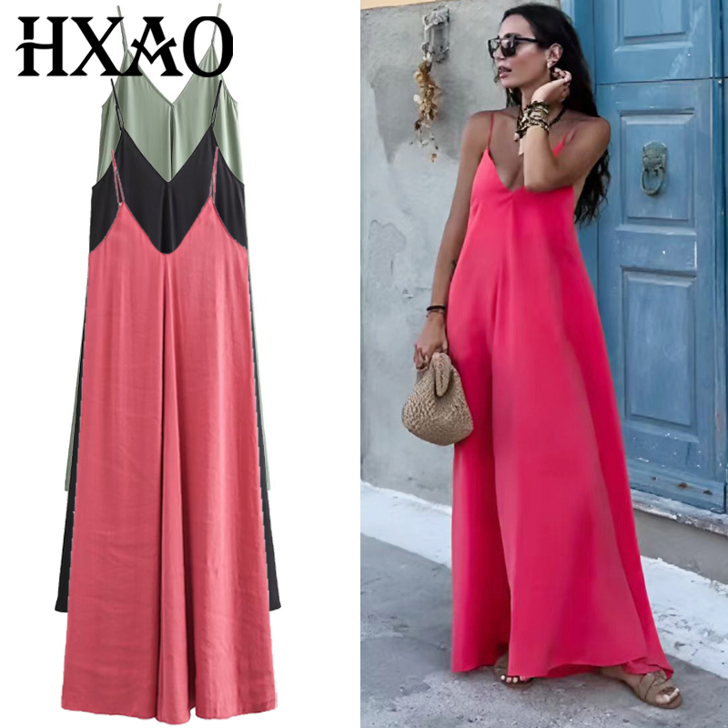 Women'S Green Formal Wear - HXAO 2025 ชุดสตรีลื่นชุดยาวElegantสีเขียวสีแดงสีดําชุดVคอBackless Vestido Casualชุดสตรี