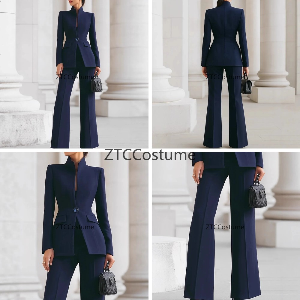 Women Formal Office Wear Tops - ชุดคอสเพลย์สตรี ชุดสูทแขนยาว เสื้อเบลเซอร์กระดุมเดี่ยวมีกระเป๋าและกางเกงขายาว ชุดทำงานสองชิ้น