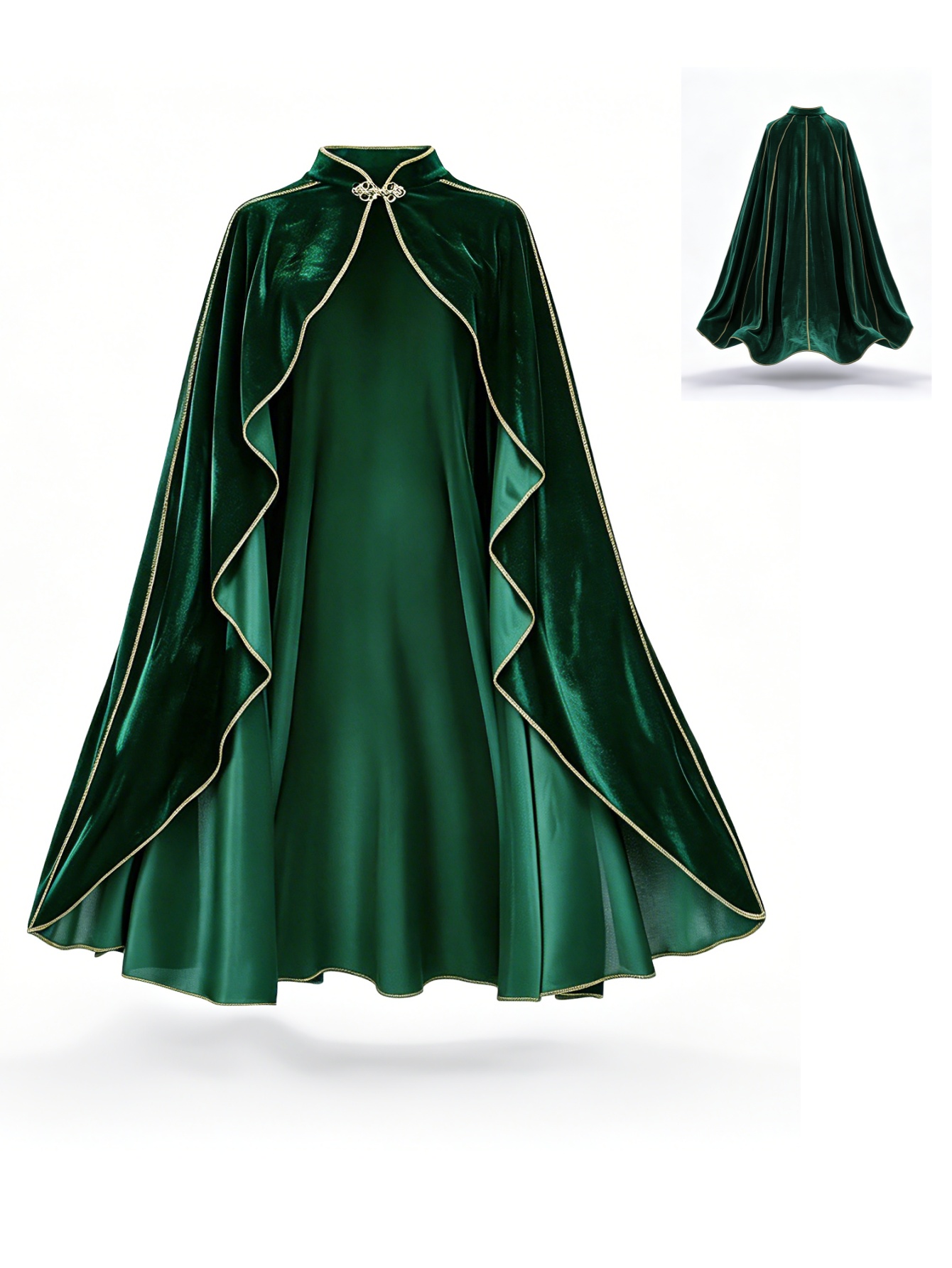 Women'S Green Formal Wear - เสื้อคลุมกำมะหยี่สีเขียวสไตล์วินเทจสำหรับผู้หญิง พร้อมขอบสีทอง คอตั้ง ชุดคอสเพลย์ เสื้อคลุมยาวสำหรับงานปาร์ตี้ฮาโลวีน แต่งกายสไตล์ยุคกลางเรอเนซองส์