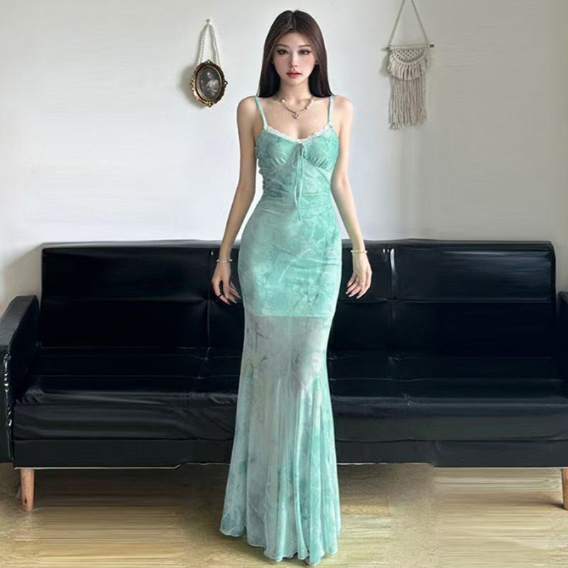 Women'S Green Formal Wear - เดรสยาวลายลูกไม้ตาข่ายสำหรับฤดูร้อน ทรงเข้ารูปแบบเมอร์เมด แต่งโบว์หวานๆ สีเขียว แขนกุด เซ็กซี่