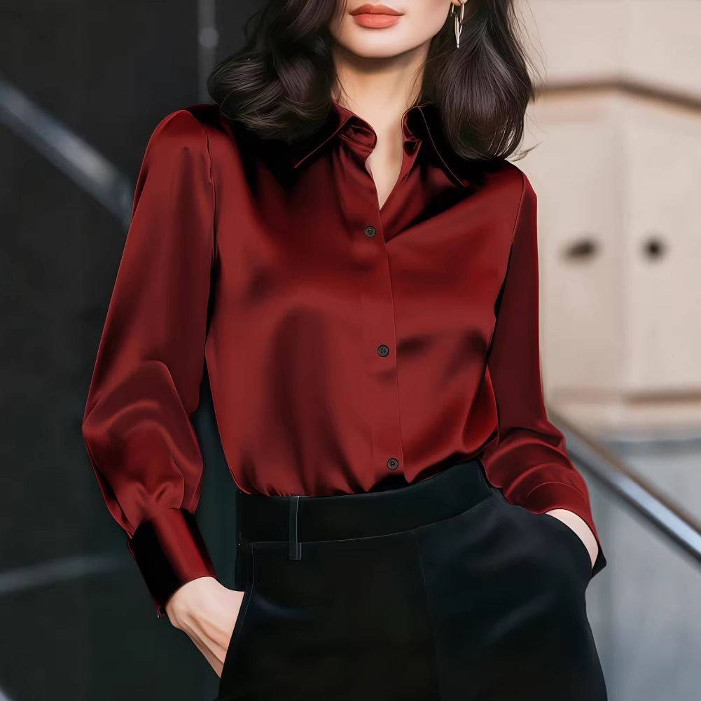 Women Formal Office Wear Tops - เสื้อผู้หญิงคอปกผ้าซาติน กระดุมด้านหน้า แขนยาว ปลายแขนพับได้ ดีไซน์หรูหรา เหมาะสำหรับใส่ทำงานหรือในชีวิตประจำวัน