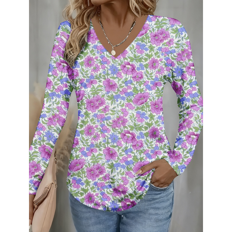 Women Formal Office Wear Tops - เสื้อผู้หญิงคอวีแขนยาวลายพิมพ์ทั่วตัว สีม่วงน้ำเงิน เสื้อยืดคอวีสำหรับงานแต่งงาน ใส่ได้ทุกฤดูกาล ซักเครื่องได้