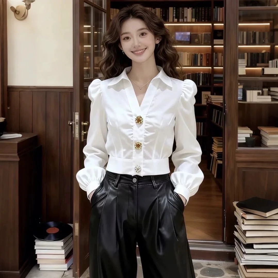 เสื้อเชิ้ตสีขาวทรงสวย คอวี แขน - Women Formal Office Wear Tops บทวิจารณ์และราคา
