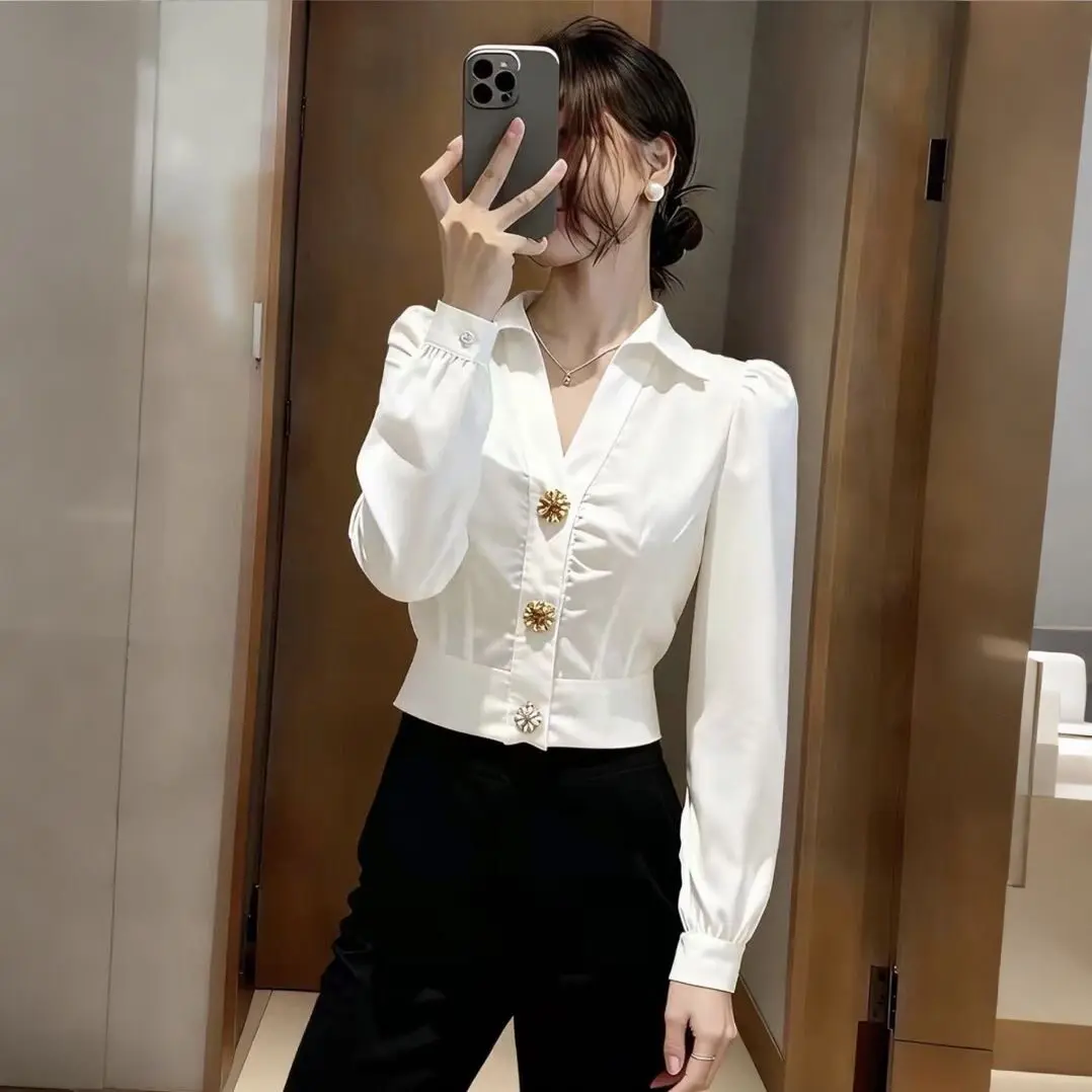 เสื้อเชิ้ตสีขาวทรงสวย คอวี แขน - Women Formal Office Wear Tops บทวิจารณ์และราคา