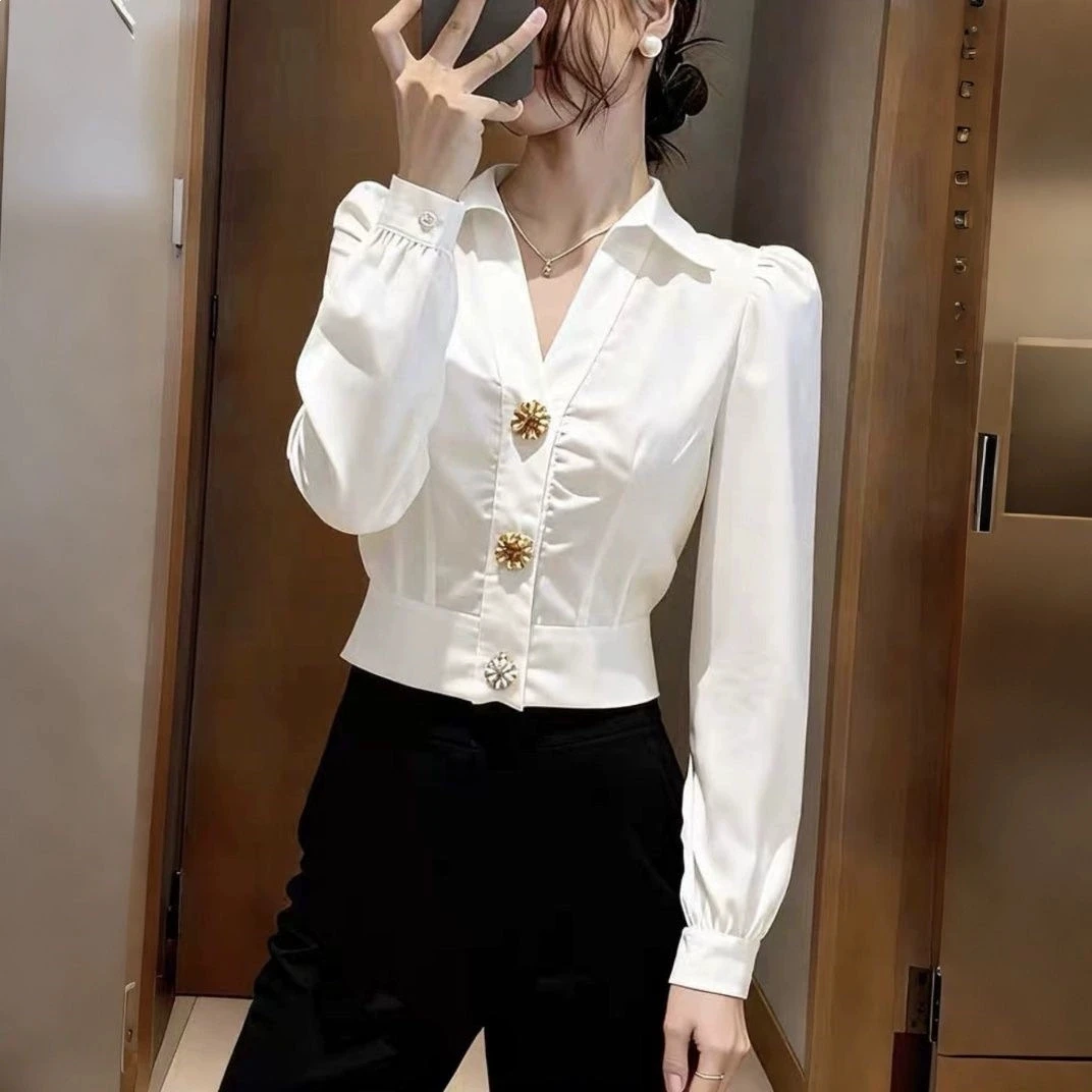 เสื้อเชิ้ตสีขาวทรงสวย คอวี แขน - Women Formal Office Wear Tops บทวิจารณ์และราคา