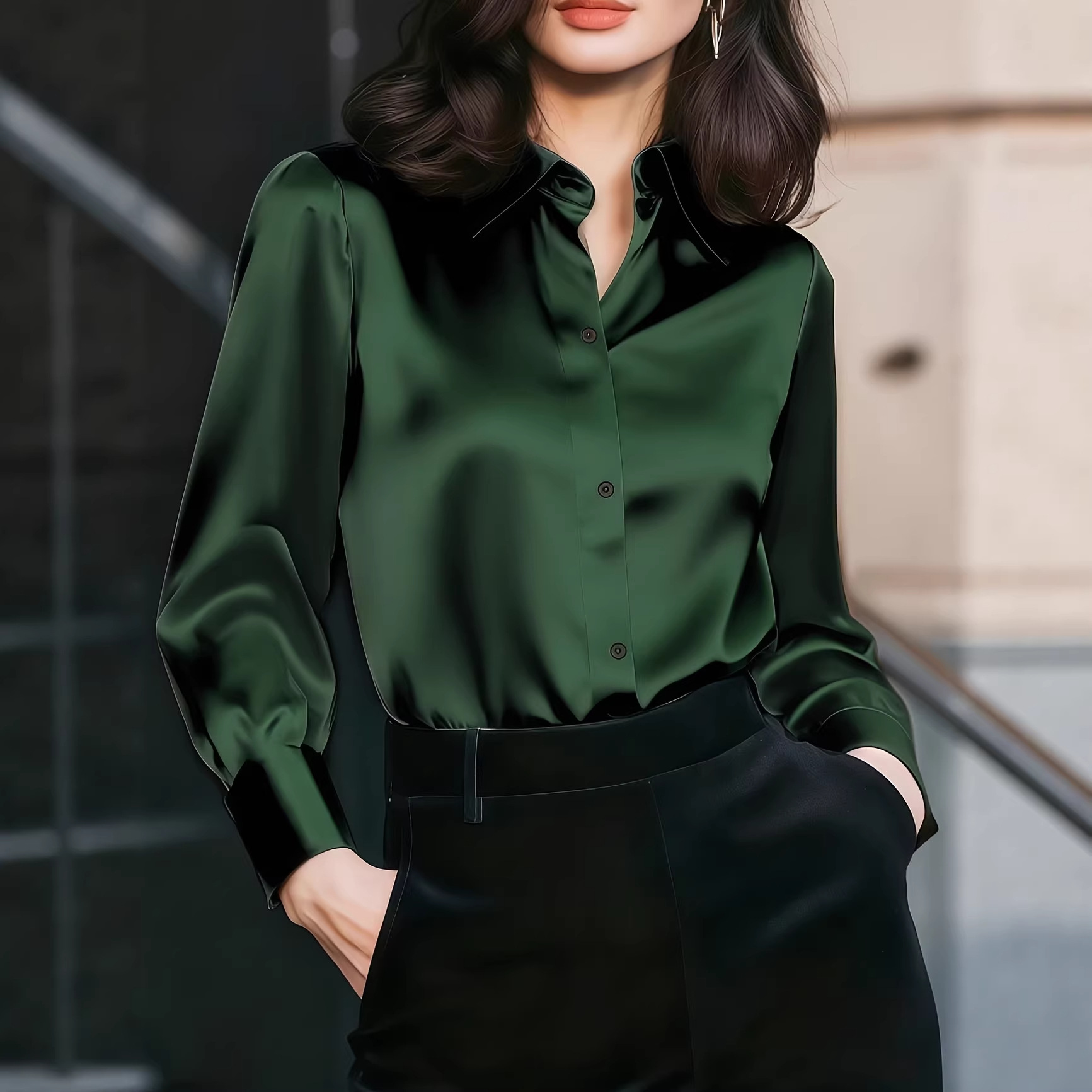 เสื้อผู้หญิงคอปกผ้าซาติน กระดุ - Women Formal Office Wear Tops บทวิจารณ์และราคา