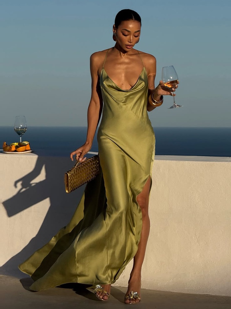 เดรสสายเดี่ยวผ้าซาตินสีเขียวมะ - Women'S Green Formal Wear บทวิจารณ์และราคา